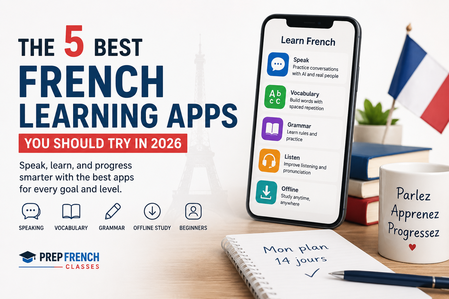The 5 Best French Learning Apps You Should Try in 2026, featuring speaking, vocabulary, grammar, listening and offline learning.