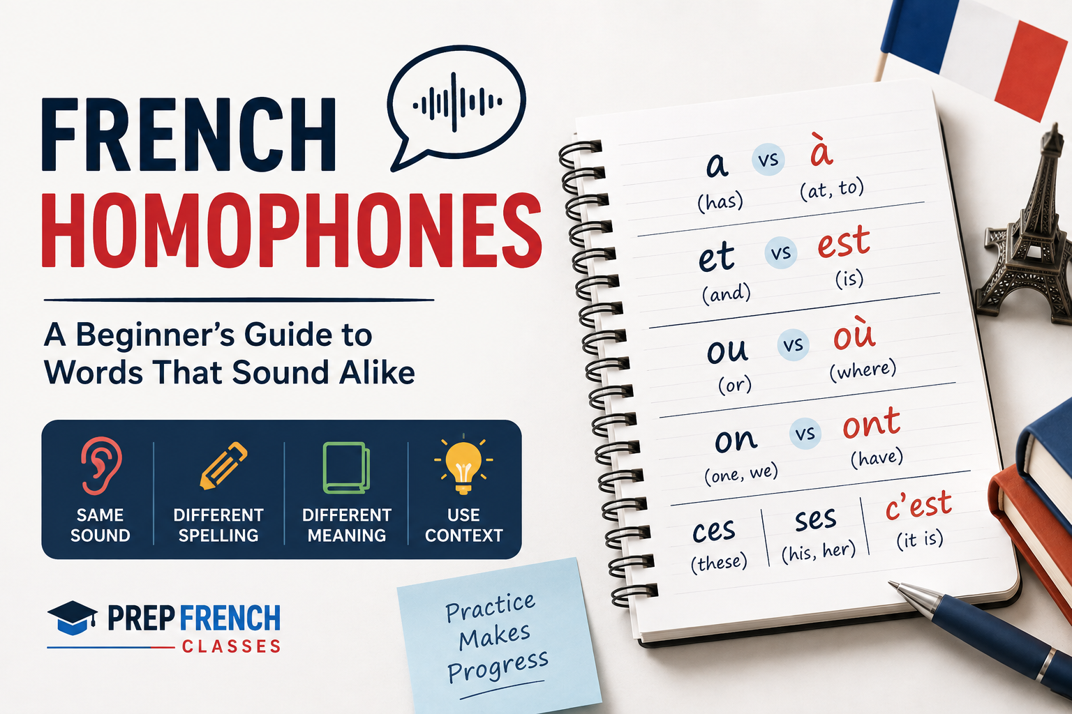 Featured image showing common French homophones such as a vs à, et vs est, ou vs où, and on vs ont, with examples and spelling practice.