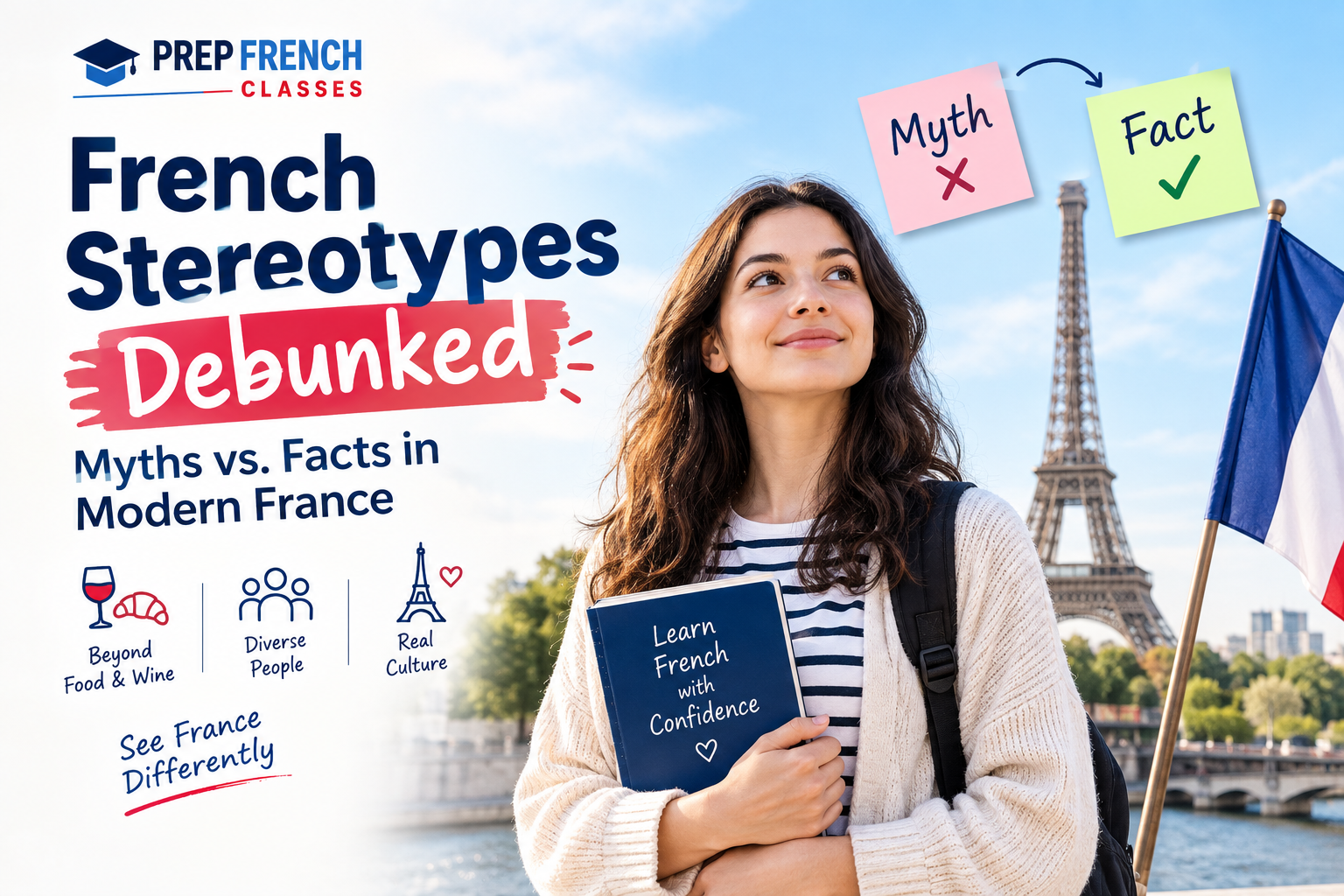 Featured image showing French stereotypes debunked with myths and facts about modern France, French culture, etiquette, food, fashion, and language.