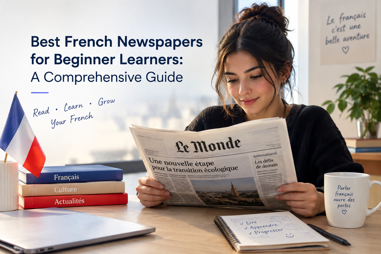 French learner reading a French newspaper while practising French vocabulary and reading skills