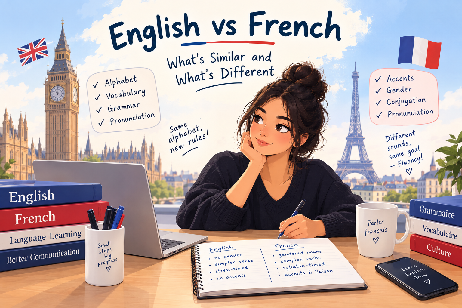 Animated French learner comparing English and French pronunciation, grammar, vocabulary, accents, and writing