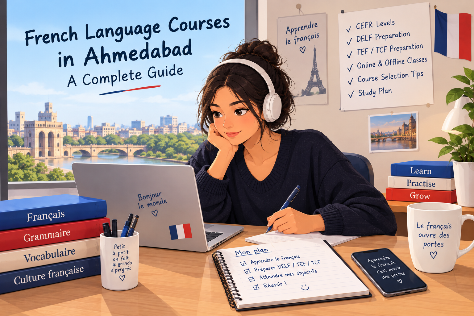 French language learner attending an online French class while comparing French courses, CEFR levels, and exam preparation options in Ahmedabad.