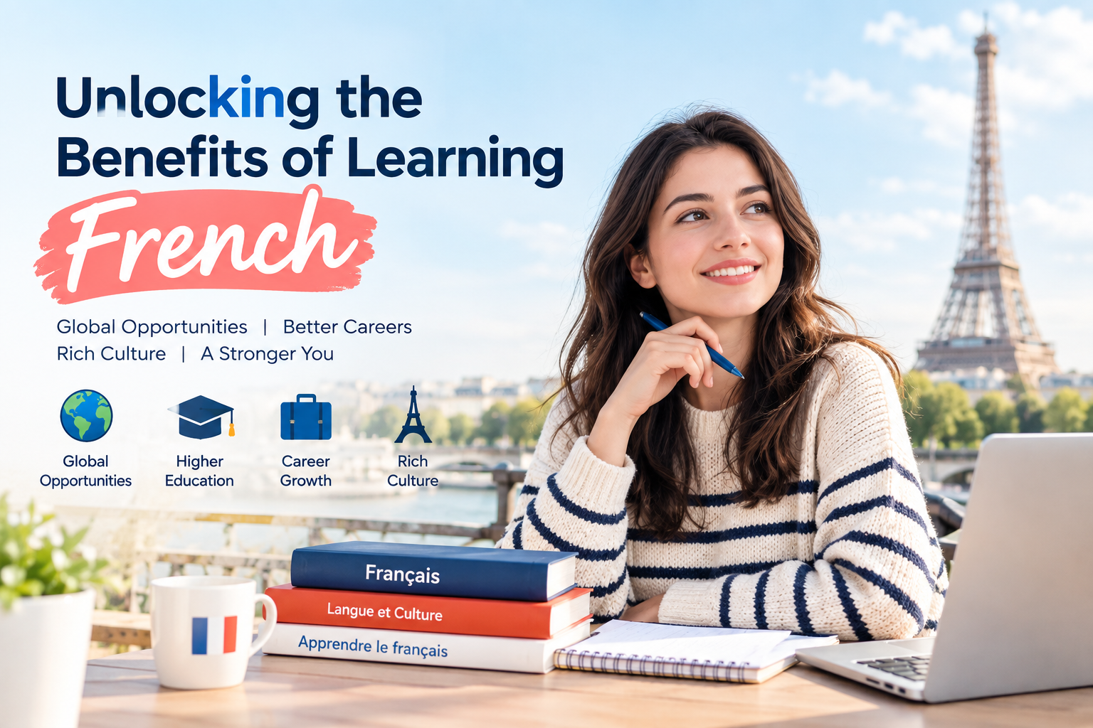 Benefits of learning French with a student studying French in Paris, representing career, education, travel, and cultural opportunities.