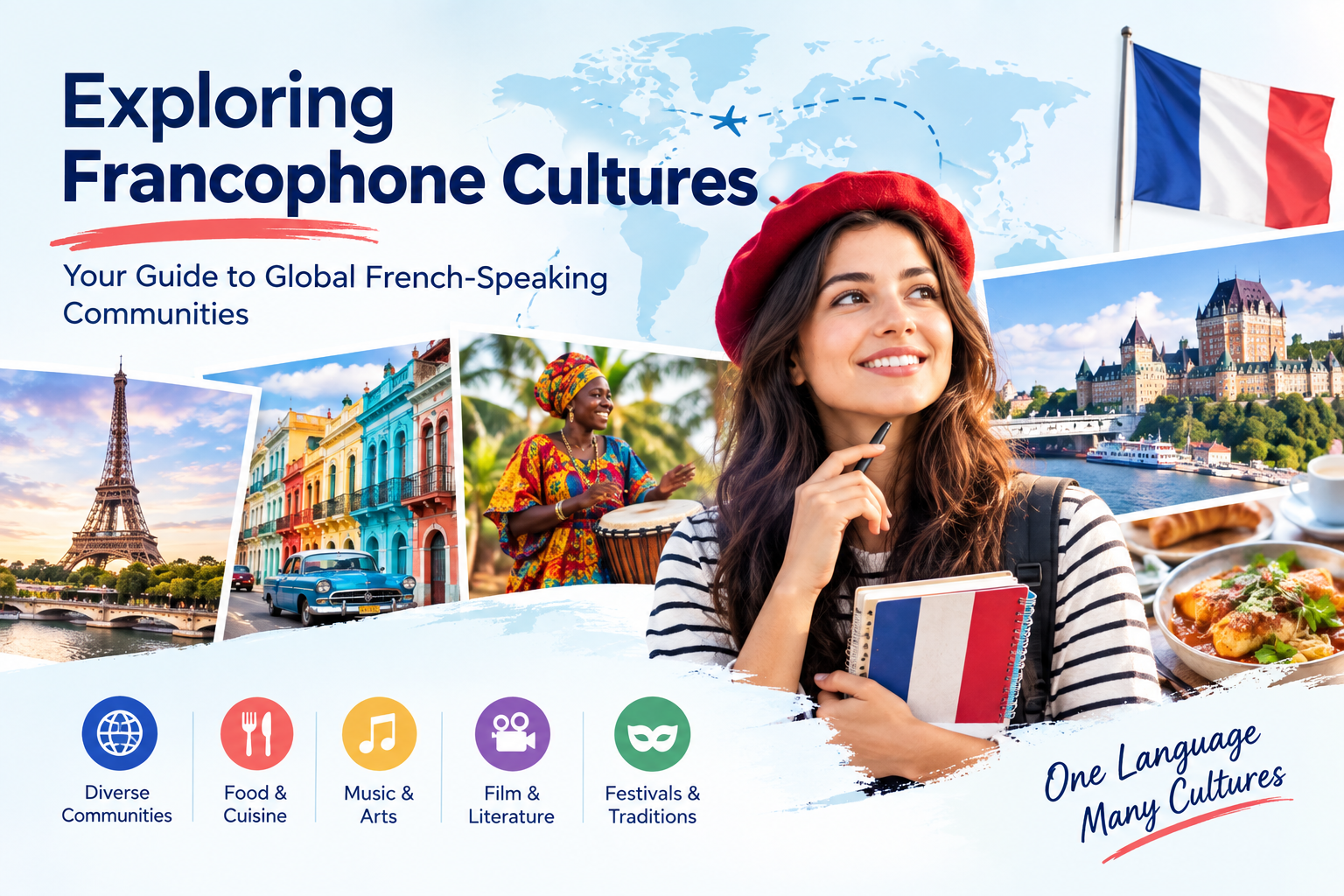 Exploring Francophone cultures across French-speaking communities through music, food, film, festivals, and regional traditions.