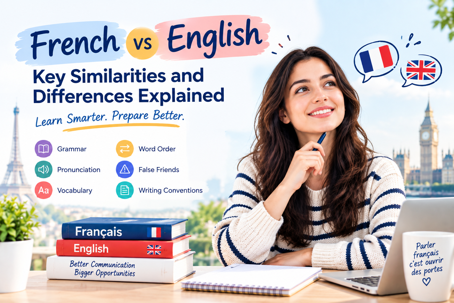 French vs English similarities and differences in grammar, pronunciation, vocabulary, word order, and writing for French learners.