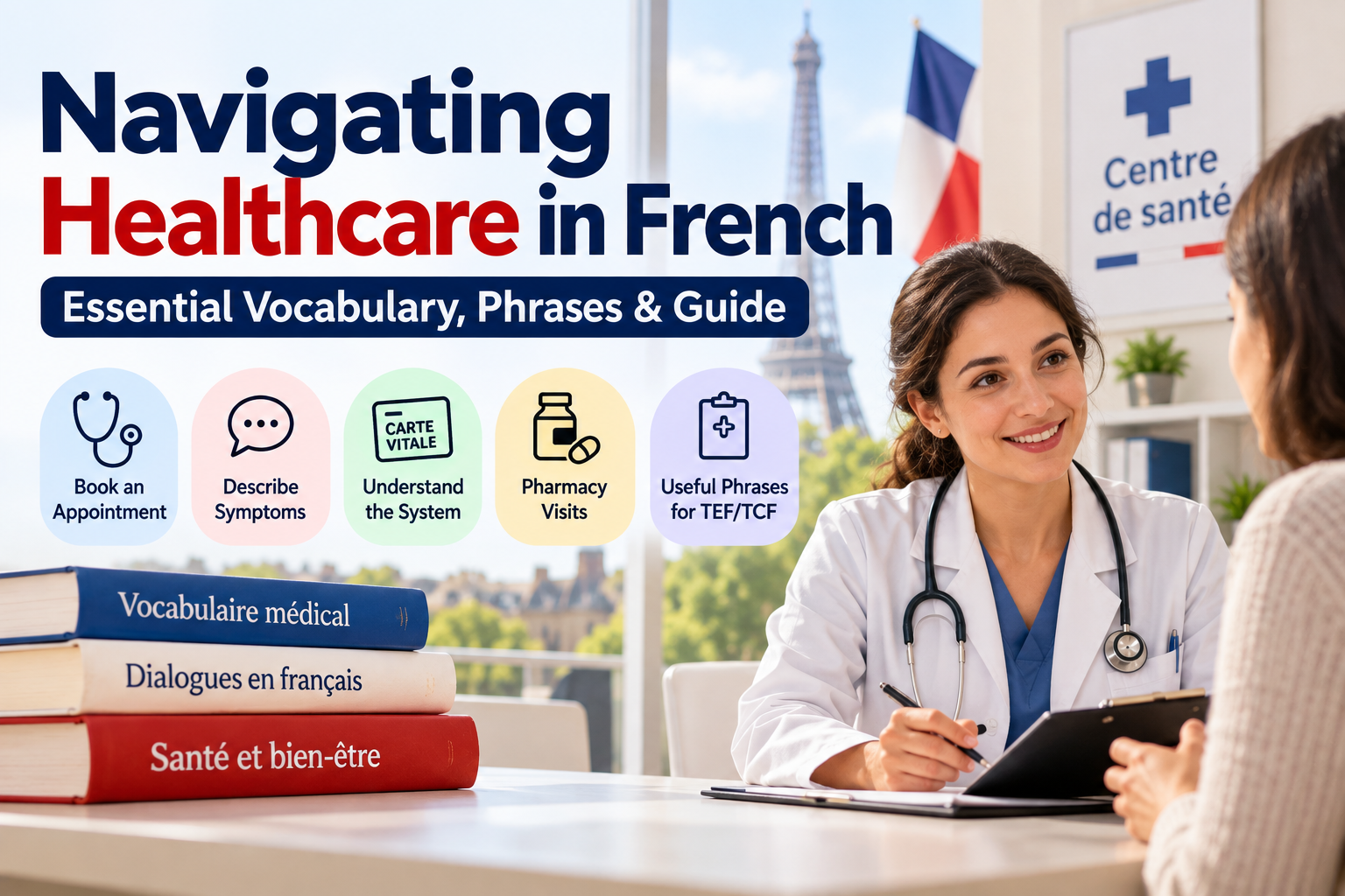 French healthcare vocabulary guide for doctor appointments, symptoms, pharmacy visits and TEF/TCF preparation