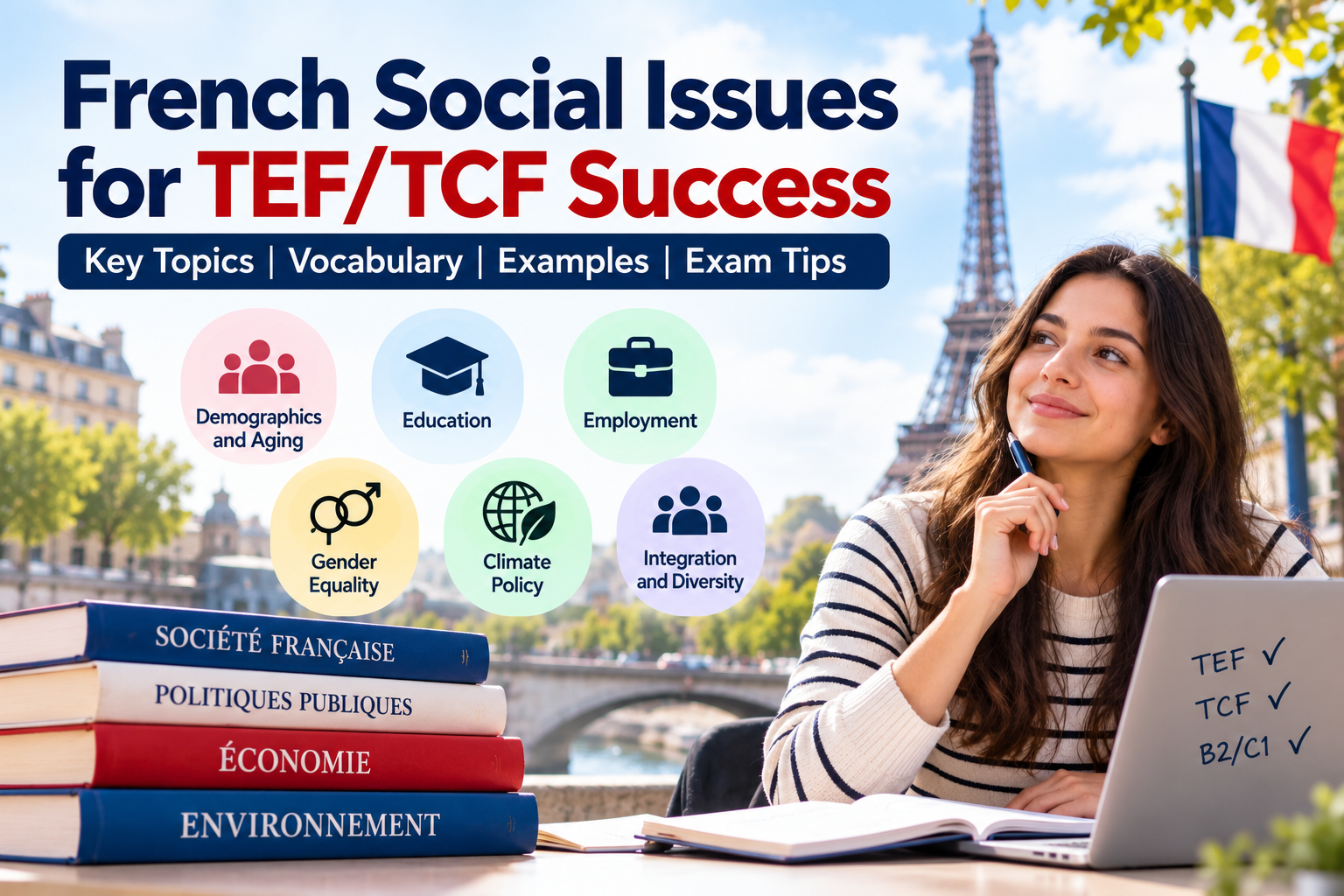 French social issues for TEF/TCF exam preparation covering demographics, education, employment, gender equality and climate policy