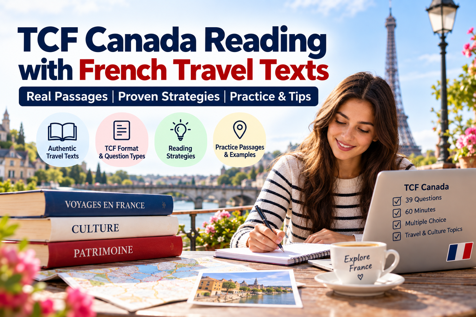 TCF Canada reading practice with authentic French travel texts, reading strategies, vocabulary and exam-style passages