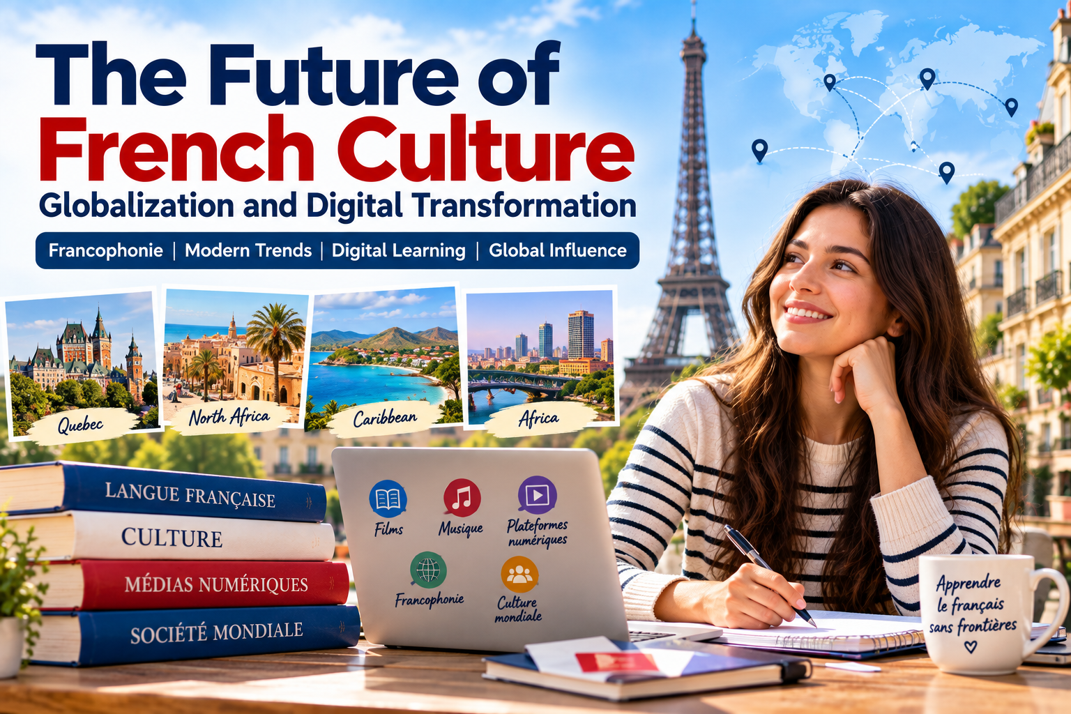 Future of French culture shaped by globalization, Francophone influences, digital transformation and modern French language learning