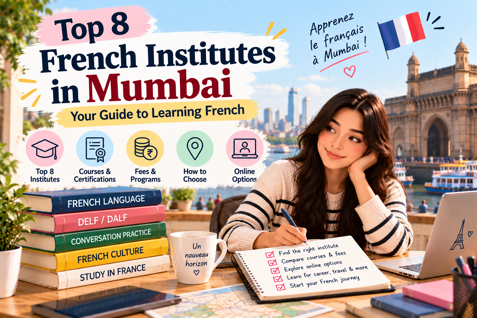 Student comparing the top French institutes in Mumbai, including French courses, fees, DELF and DALF certification support, and online learning options.