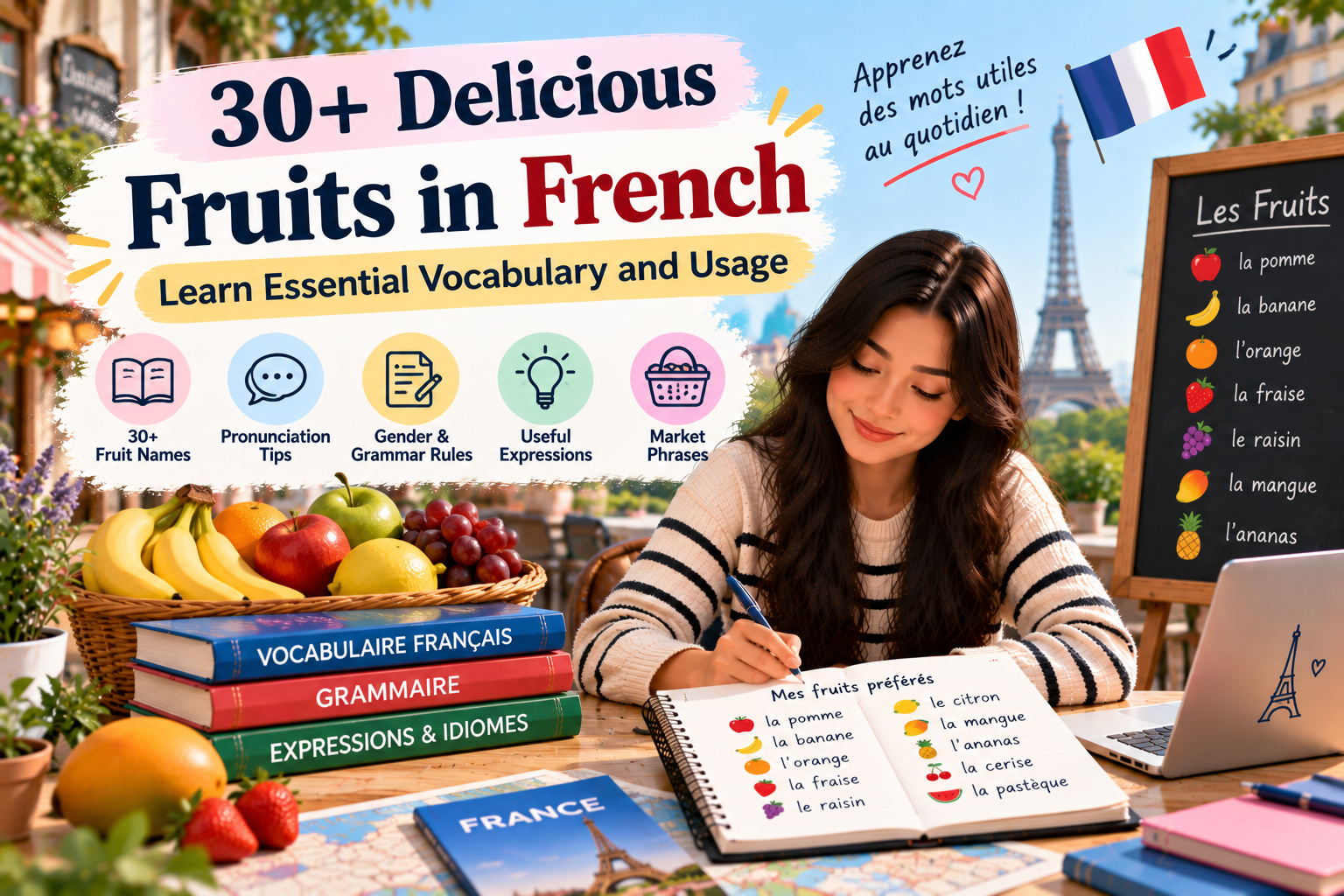 French learner studying 30+ fruits in French with fruit names, pronunciation tips, grammar, gender rules, and useful market vocabulary.
