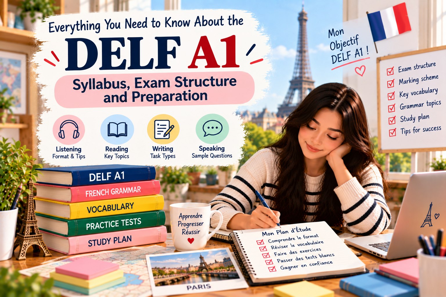 Student preparing for the DELF A1 exam with a guide to the DELF A1 syllabus, exam structure, vocabulary, grammar, listening, reading, writing, speaking and study plan.