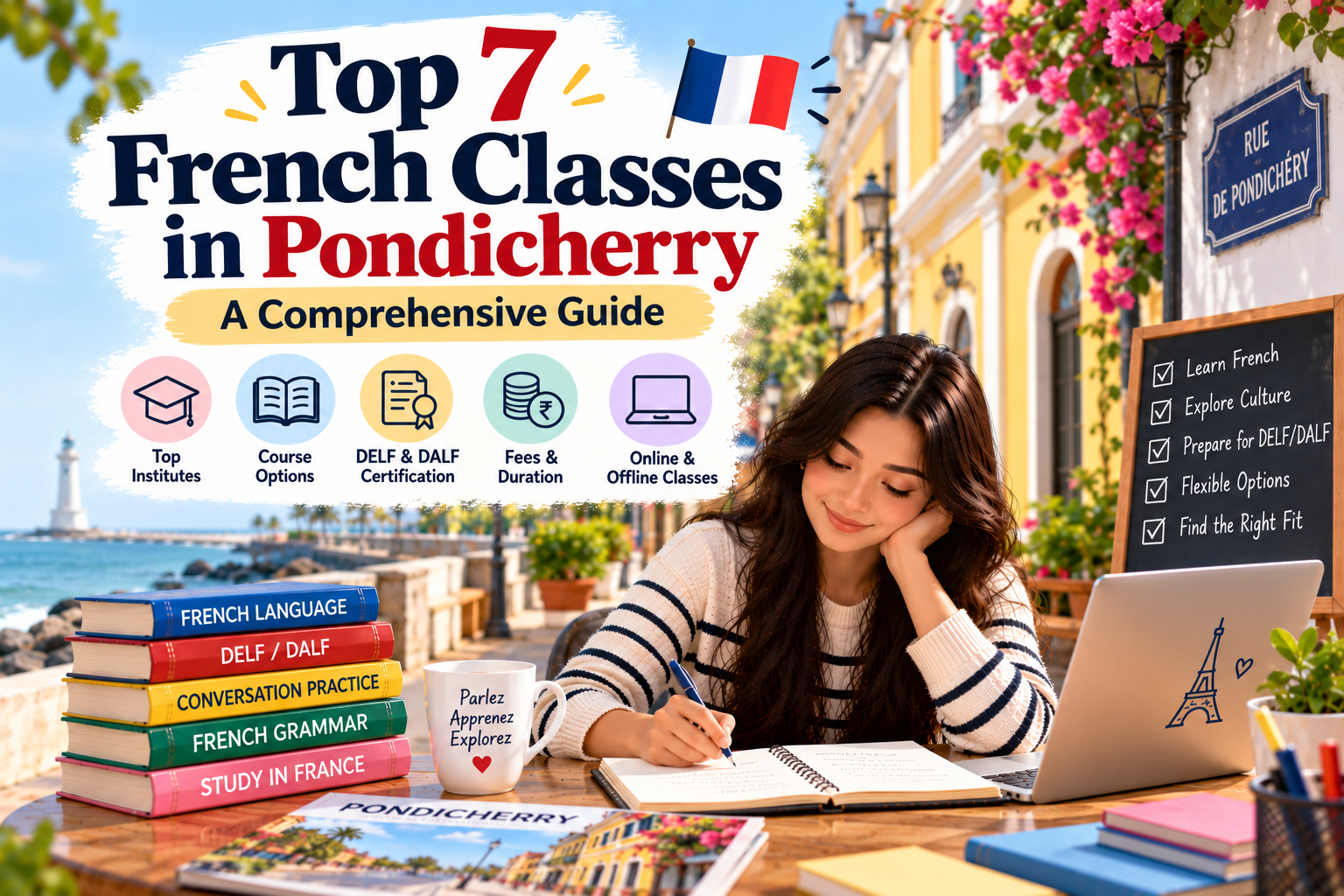 Student comparing the top French classes in Pondicherry, including course options, fees, DELF and DALF preparation, learning duration, and online and offline French classes.