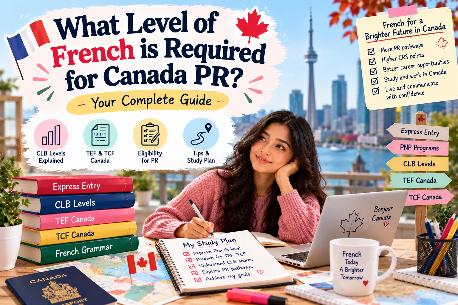 French level required for Canada PR infographic highlighting CLB 7, TEF Canada, TCF Canada, Express Entry and French language preparation.