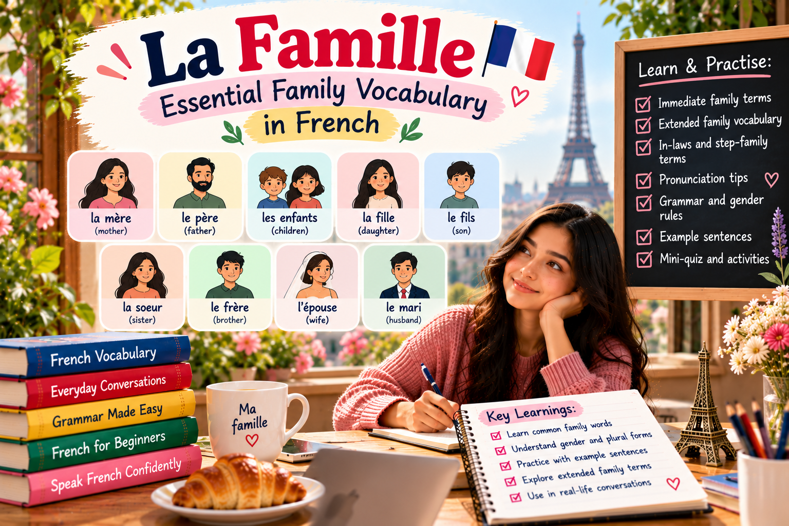 Illustrated French family vocabulary guide showing la famille, including mère, père, frère, sœur, grand-mère and grand-père with English meanings.