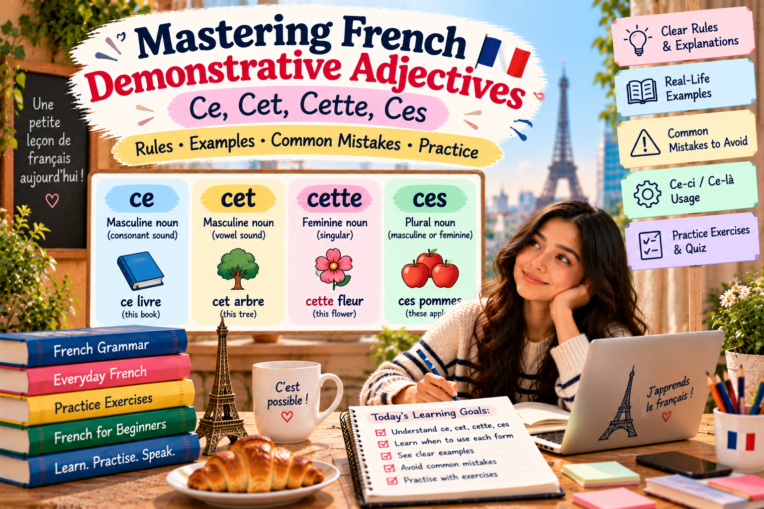 Illustrated French demonstrative adjectives guide showing ce, cet, cette and ces with examples, gender agreement rules, silent-h exceptions and -ci/-là usage.
