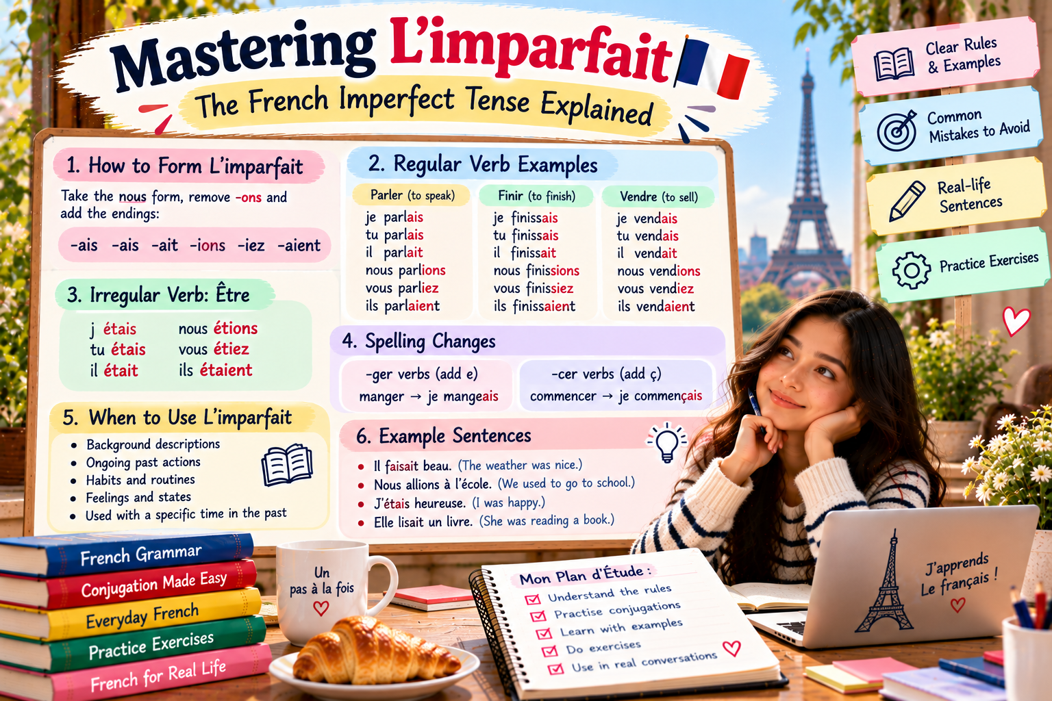 Illustrated French imperfect tense guide showing l'imparfait conjugation endings, examples with parler and être, and differences between imparfait and passé composé.