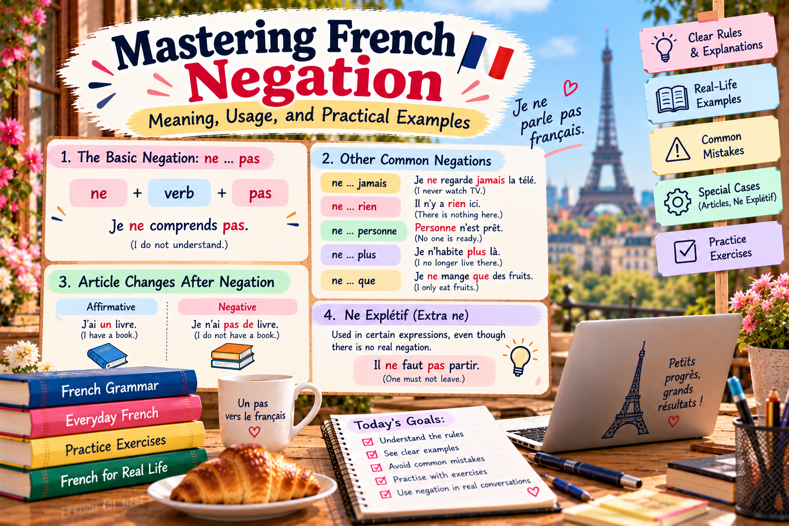 Illustrated French negation guide featuring ne...pas, ne...jamais, ne...rien, ne...personne and ne...plus with English meanings, example sentences and grammar rules.
