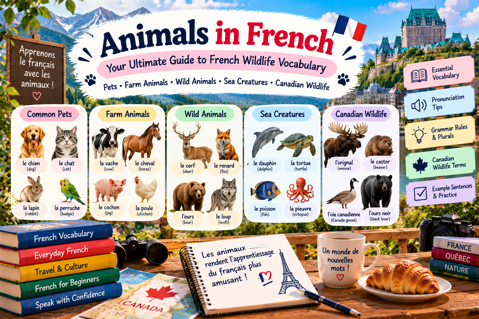 Colourful illustrated French animal vocabulary guide featuring pets, farm animals, wildlife and Canadian species, with French names, English meanings and pronunciation tips.