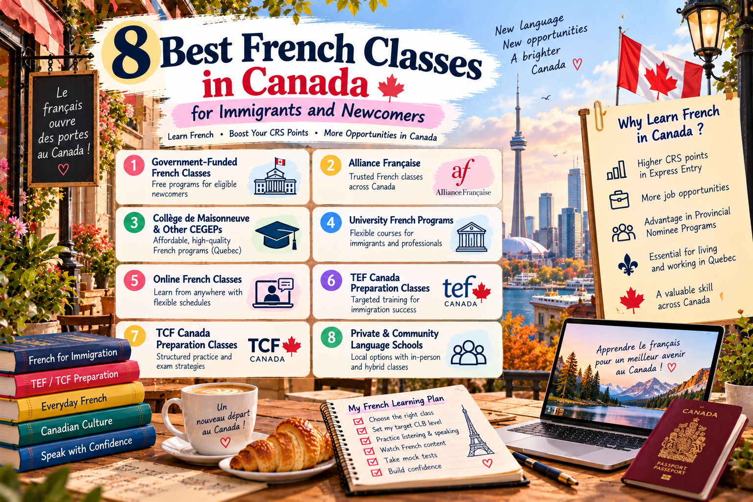 Illustrated guide to eight French class options in Canada for immigrants and newcomers, featuring online learning, free French programs, TEF Canada, TCF Canada and Canadian landmarks.