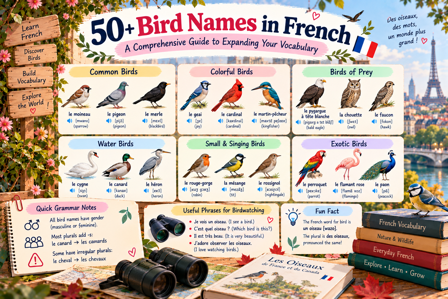 Colourful illustrated guide to 50+ bird names in French featuring a sparrow, owl, eagle, flamingo, parrot and swan with French vocabulary, English translations and pronunciation tips.