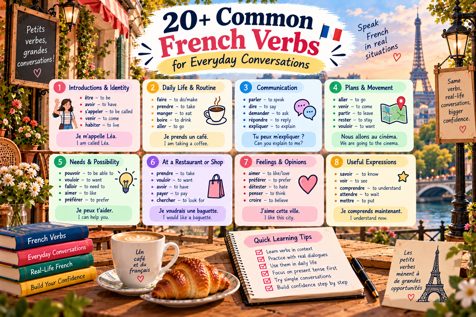 Illustrated guide to 20+ common French verbs for everyday conversations, featuring être, avoir, aller, faire, parler and vouloir with English meanings and practical French examples.