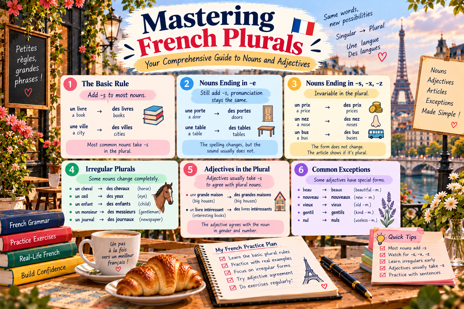 Illustrated French plurals grammar guide showing singular and plural nouns, adjective agreement, irregular plural endings and examples such as livre–livres, cheval–chevaux and bateau–bateaux.